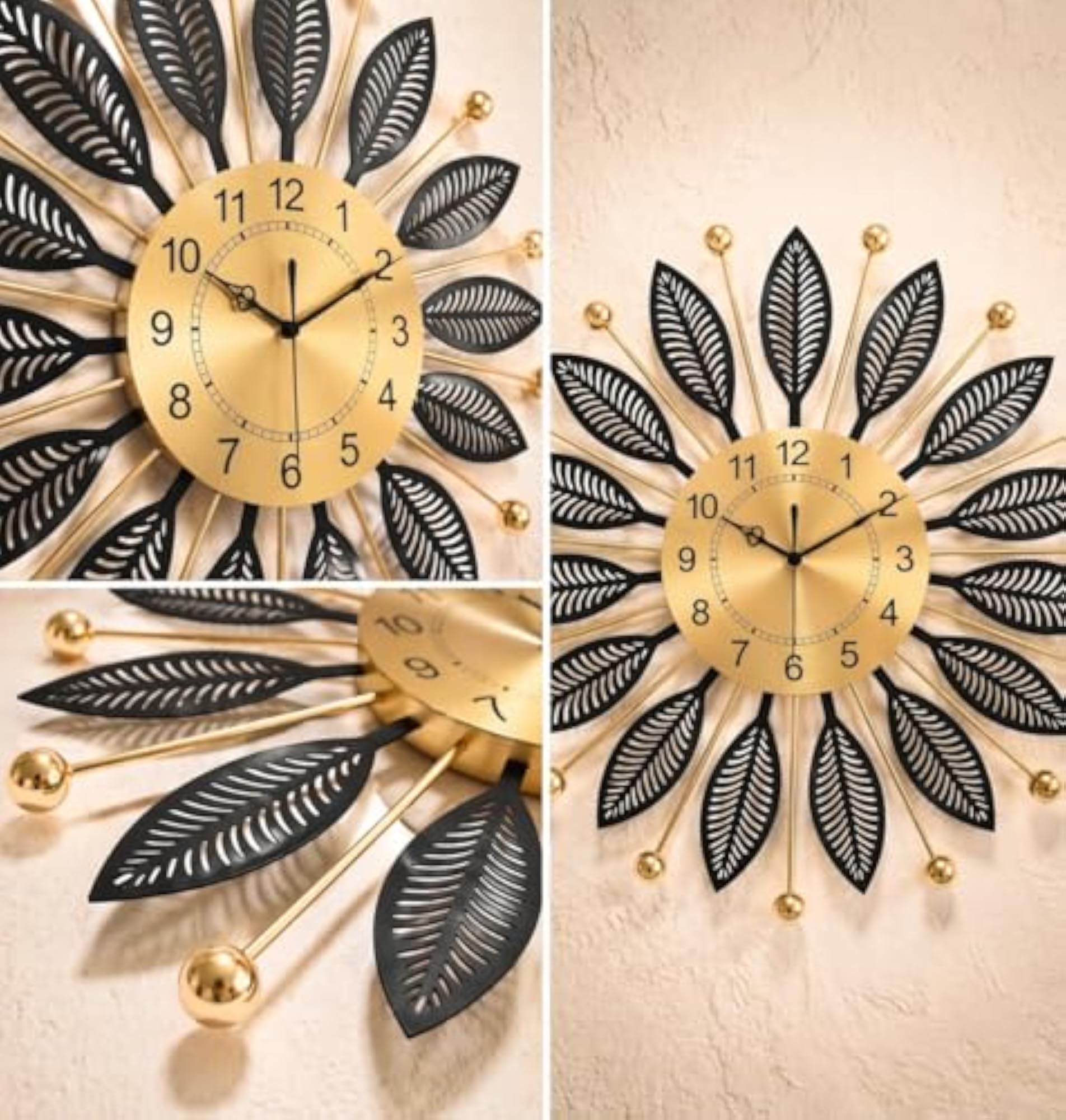 Luxury Metal Wall Clock with Black Leaf Design